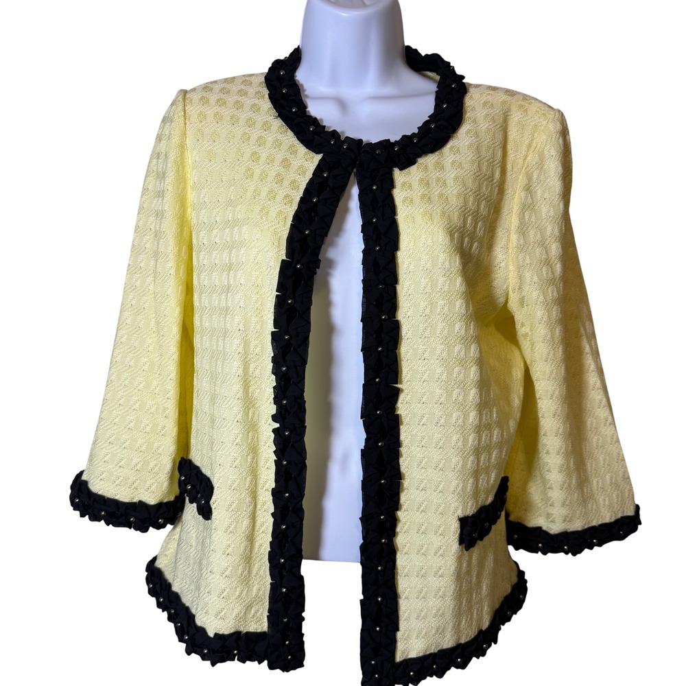 Ming Wang Medium Yellow Textured Knit Cardigan Black Ruffle Embellished‎ Pearl